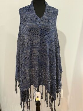 New LuLaRoe”Mimi” One Size Blue Knit Fringe Poncho Sweater 558